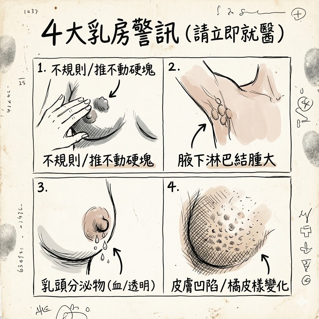 乳房异常症状警示：硬塊、分泌物、皮膚變化與淋巴腫大